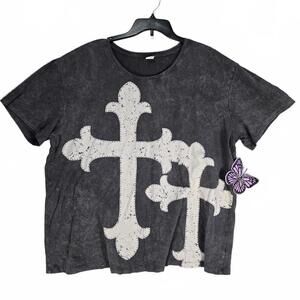 Vibe N' Gothic Cross Graphic Tee 3X Gray Acid Wash Cotton Streetwear Boxy